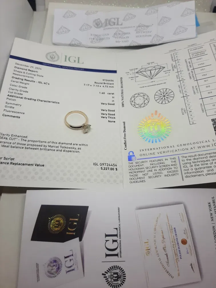 1.60 ct H / I1 натуральный бриллиант сертификат,  золотое кольцо. — фото 2