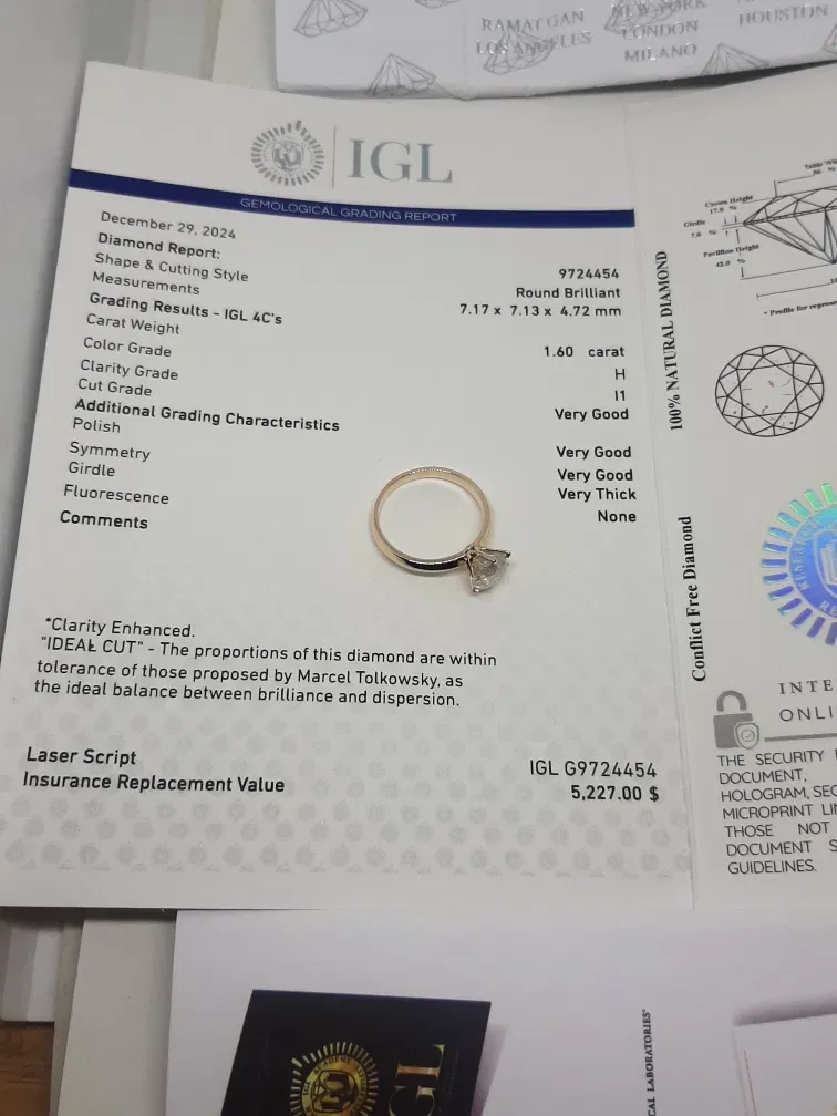 1.60 ct H / I1 натуральный бриллиант сертификат,  золотое кольцо. — фото 3