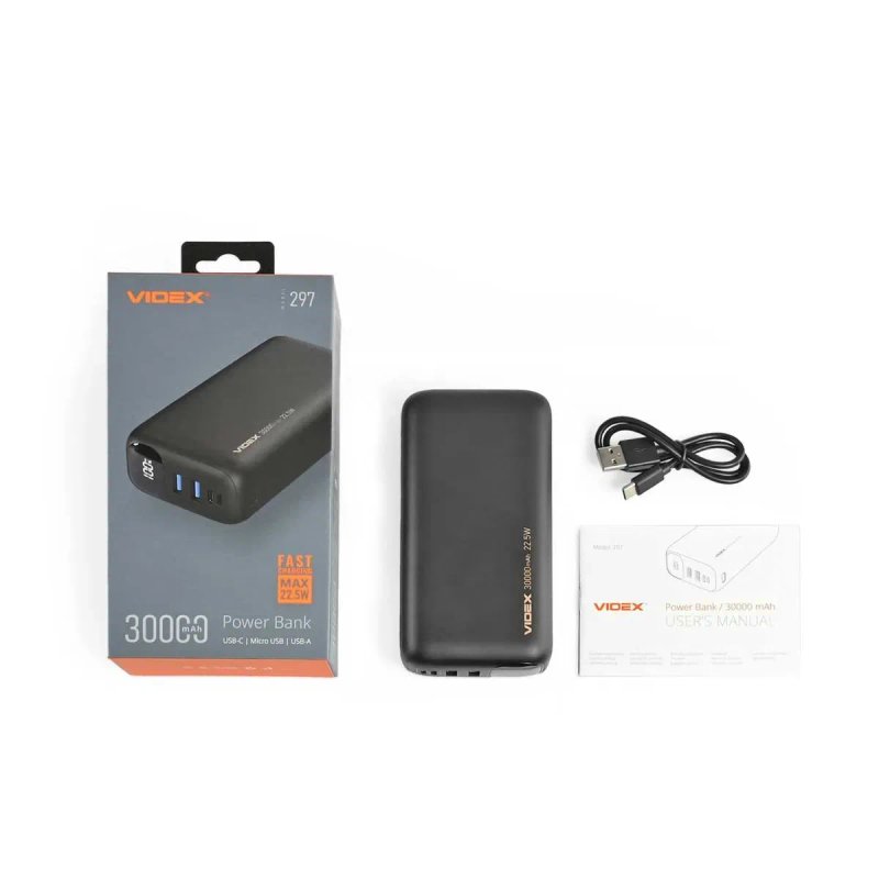 30000mAh 22.5w VIDEX VPB-297 - оригінальний повербанк, з ГАРАНТІЄЮ 2 роки. Якісний і витривалий power bank, павер банк відекс з швидкою зарядкою — фото 7