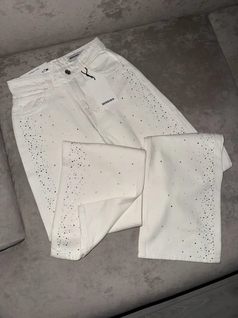 32, 34, 36, 38, 40, 42 джинси bershka straight зі стразами, білі джинси, прямі джинси, трендові джинси, блискучі джинси, джинси бершка, стильні джинси — фото 2