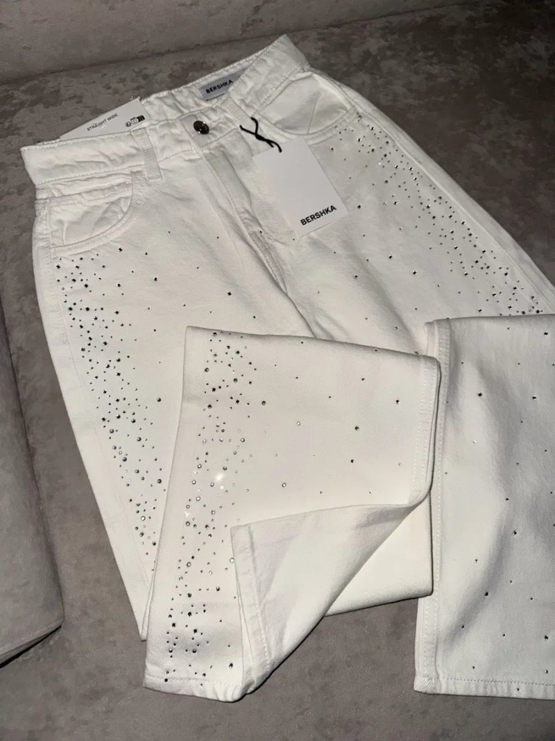 32, 34, 36, 38, 40, 42 джинси bershka straight зі стразами, білі джинси, прямі джинси, трендові джинси, блискучі джинси, джинси бершка, стильні джинси — фото 3