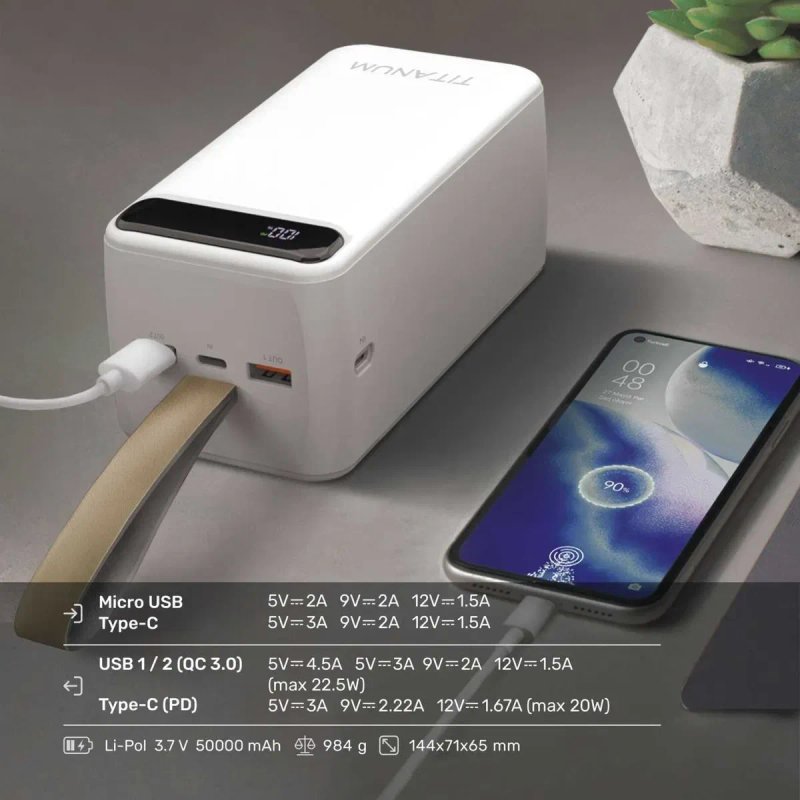 50000mAh 22.5W оригінальний TITANUM 741S повербанк, power bank; Якісний павербанк з гарантією 1рік. Реальна ємкість, з швидкою зарядкою. — фото 6