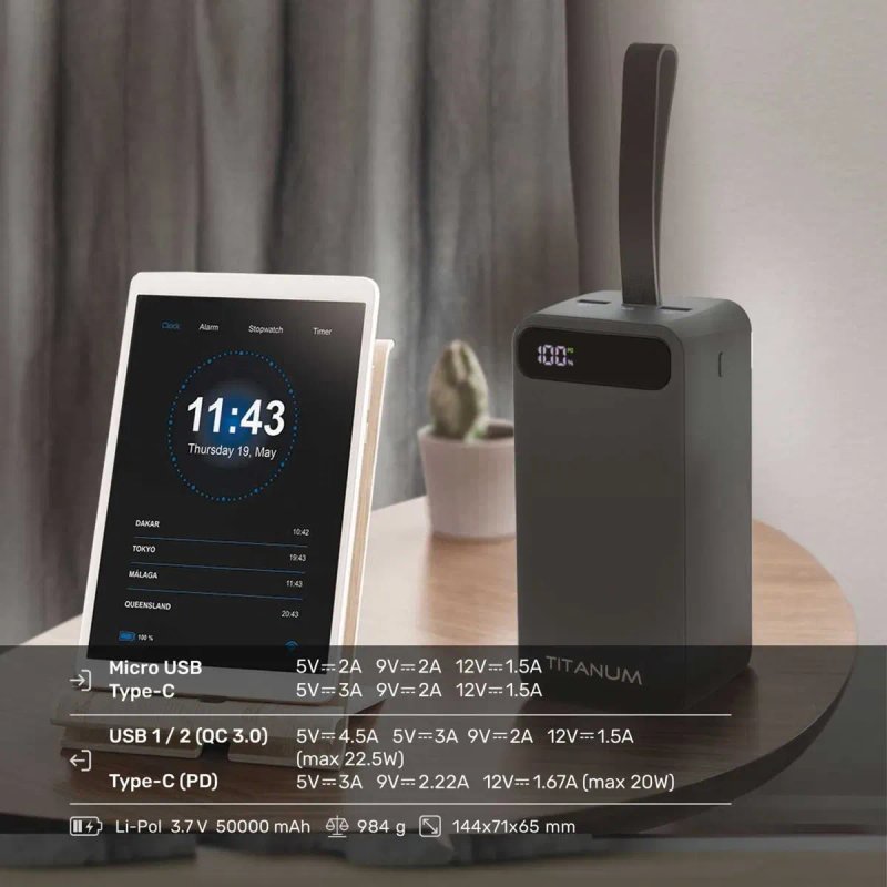 50000mAh 22.5W оригінальний TITANUM 741S повербанк, power bank; Якісний павербанк з гарантією 1рік. Реальна ємкість, з швидкою зарядкою. — фото 8