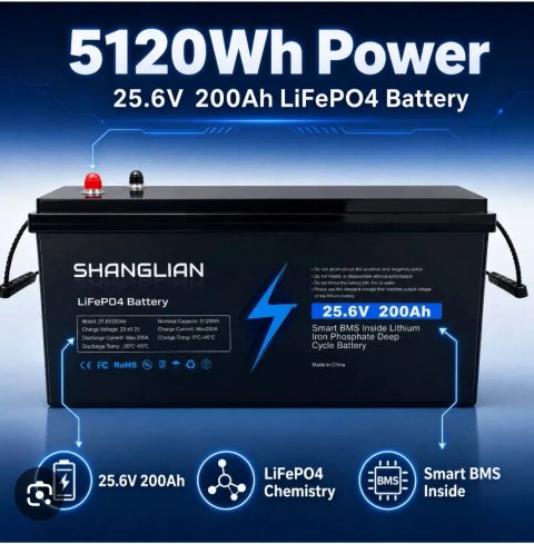 5120Wh!!! 25,6V Потужна літій -залізо-фосфатная батарея SHANGLIAN 25,6V 200Ah (5120 Wh) Smart BMS 200A