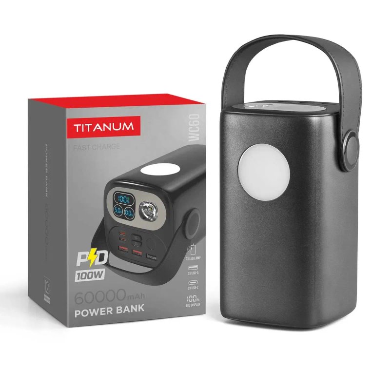 60000mAh PD100W power bank TITANUM WC60; Оригінальний павербанк з надзвичайно швидкою зарядкою, для ноутбука чи смартфона! З ліхтариком, ГАРАНТІЯ 1рік — фото 2
