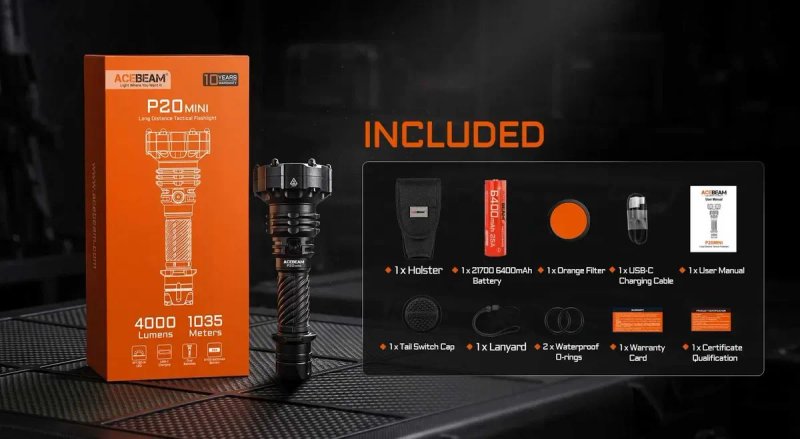 Acebeam P20 Mini Ліхтар Далекобійний, Тактичний (4000 Люмен, 1035 Метрів, АКБ 21700, 6400 мАг) — фото 8