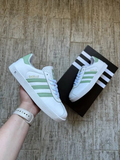 Адідас Газель Кросівки жіночі шкіряні Adidas Gazelle білі з зеленим женские Адидас газель белые  розмір 36,38,41