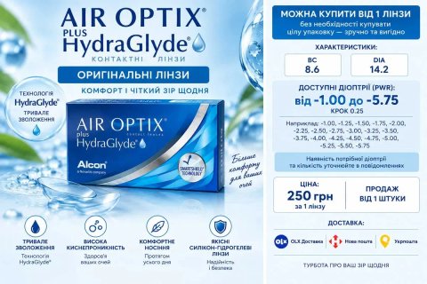 Air Optix Plus HydraGlyde | Контактні лінзи поштучно | Діоптрії -1.00…-5.75