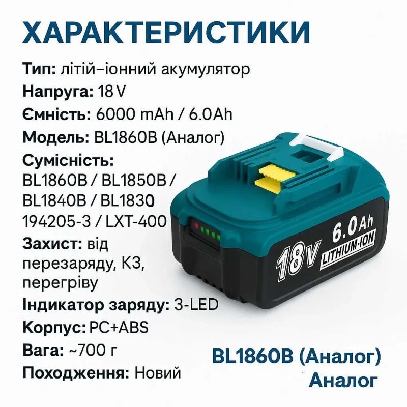 Акумулятор батарея Makita 18V 6Ah BL1860B LXT Аналог з LED НОВИЙ — фото 2