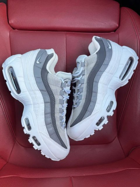 (БЕЗ ПЕРЕДОПЛАТИ) Nike Air Max 95 Grey White найк ейр макс 95 сіро-білі шкіряні сітчасті кросівки з прозорими повітряними подушками