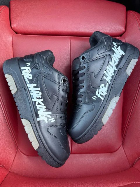 (БЕЗ ПЕРЕДОПЛАТИ) Off-White "Out Of Office" All Black офф вайт аут оф оффіс повністю чорні шкіряні кросівки з фірмовою стрілкою та тисненим логотипом