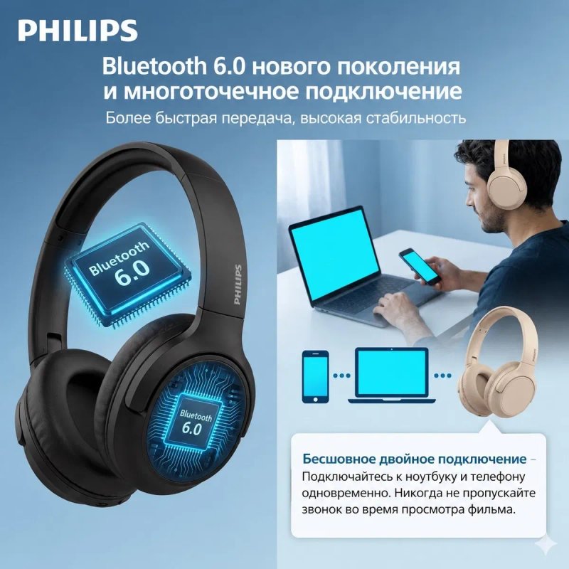Бездротові навушники  Philips TAH1120 — до 48 годин роботи, Bluetooth 6.0 та комфорт для кожної миті. — фото 2