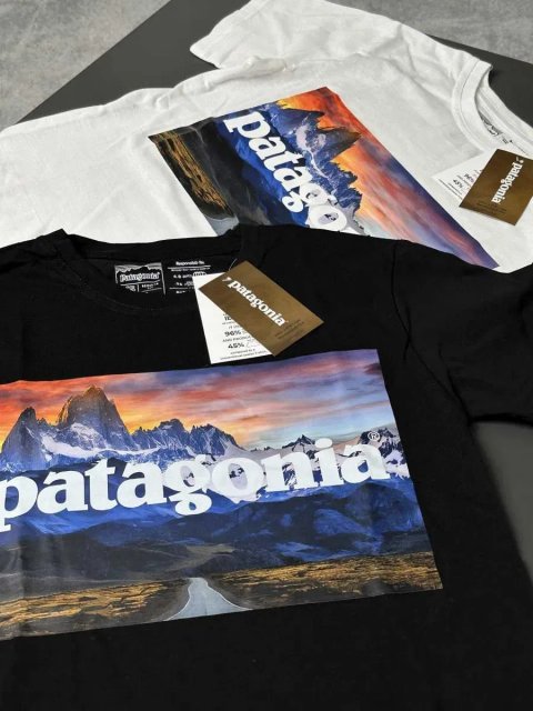 Черная / Белая • Новая Футболка PATAGONIA Mountains • Большой Принт Патагония Гори