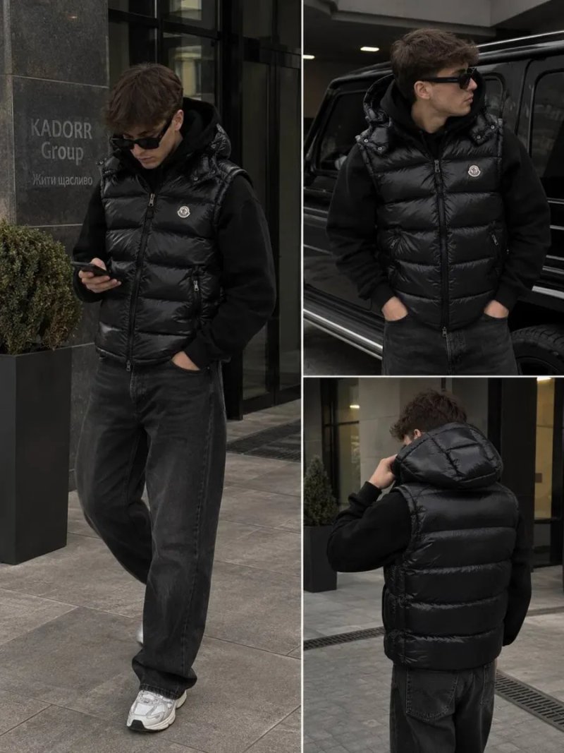 Чоловіча осіння жилетка Moncler з капюшоном | Чорна / Біла | Безрукавка Монклер чоловіча — фото 8