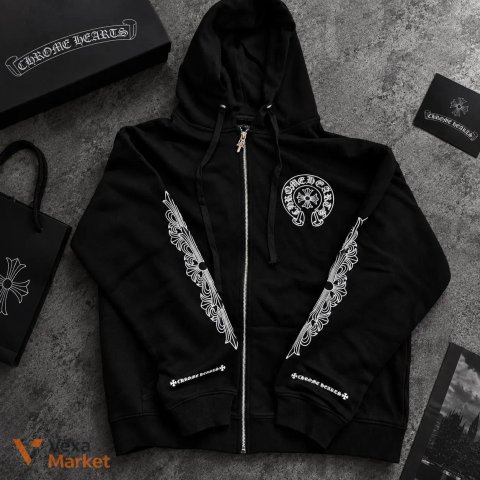 Чорна толстовка Chrome Hearts Horseshoe Zip-Up з металевим кинджалом Dagger