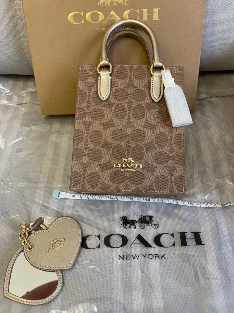 COACH Mini tote bag set. Набор сумочка тоут и зеркальце на сумку кожа — фото 7
