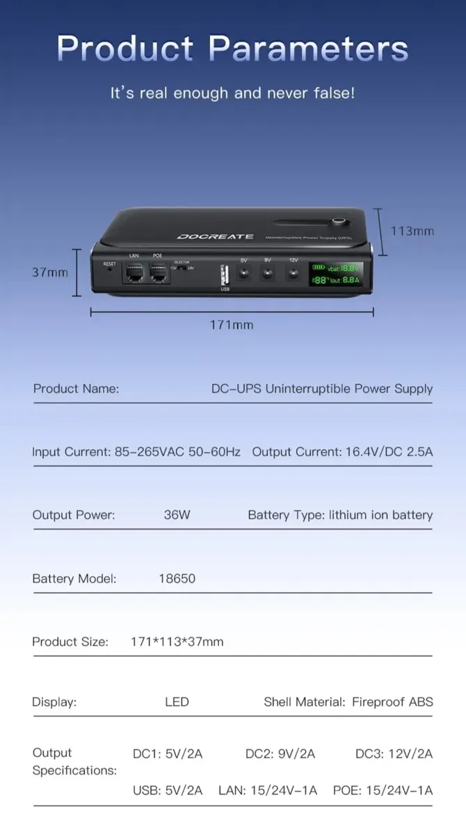 ДБЖ UPS 36W Docreate DC1036L POE, USB, 3xDC (5/9/12V) Без АКБ — фото 5