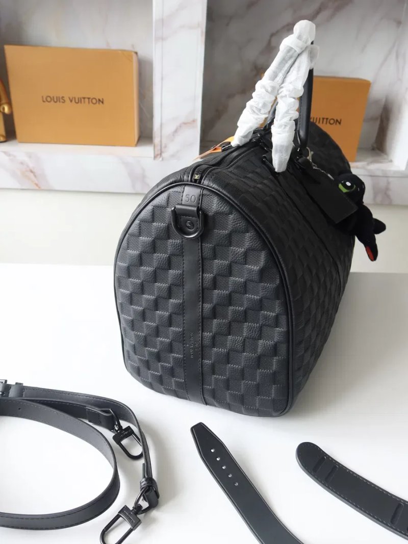 Дорожня сумка чорна клітинка шахматка натуральна шкіра шкіряна Louis Vuitton Keepall Bandoulière 50 чоловіча в клітинку мужская луи витон кожа LV — фото 3