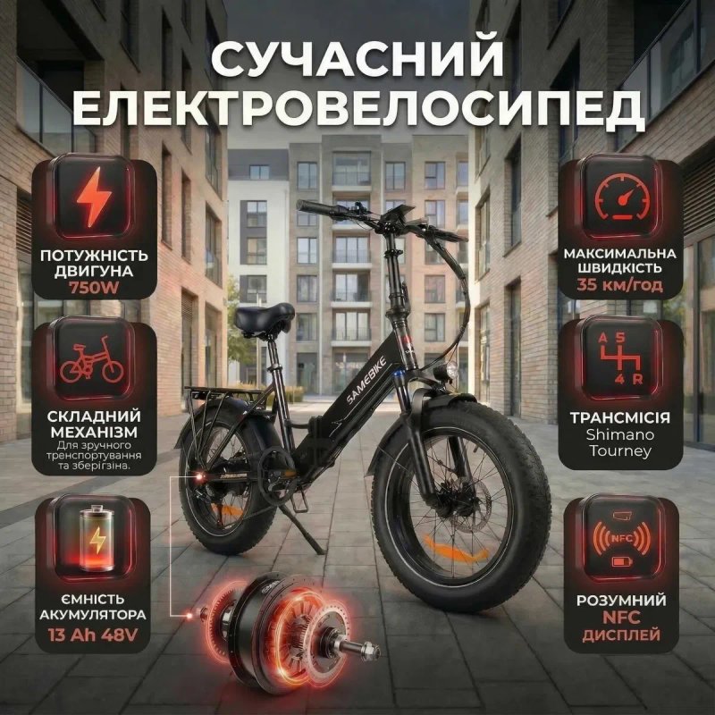 Електровелосипед складний SAMEBIKE LOTDM20 750W | 13Ah | хід до 90км | швидкість до 40 км/год фетбайк новий зі складу гарантія 6 місяців фетбайк — фото 2