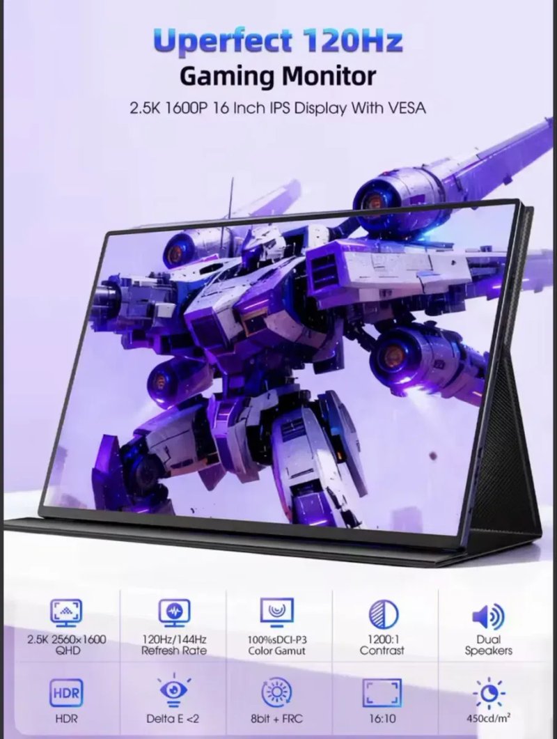 Eviciv 16-дюймовий 2,5K 144 Гц портативний ігровий монітор 2560*1600P 100% DCI-P3 QLED зовнішній екран для ноутбука — фото 2