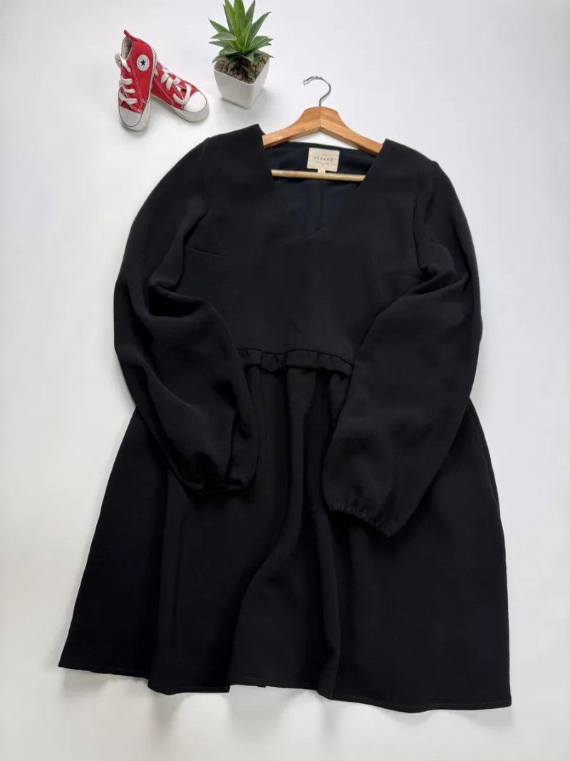 Французское платье SEZANE Peneloppe Dress Black V- Neck Ruffle Smock Babydoll L'Appartement Mini size 36, XS, S — фото 5