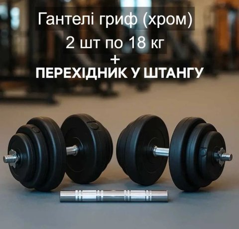 Гантели 2 по 18 кг + переходник соединитель в штангу гриф хром сталь | Гантелі 2 шт х 18 кг розбірні + перехідник з'єднувач у штанга 36 кг