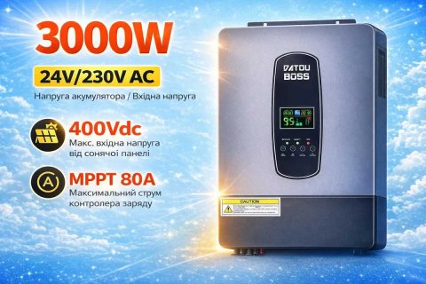 Гібридний інвертор DATOUBOSS 3000 Вт 24 В, із чистою синусоїдою, BMS