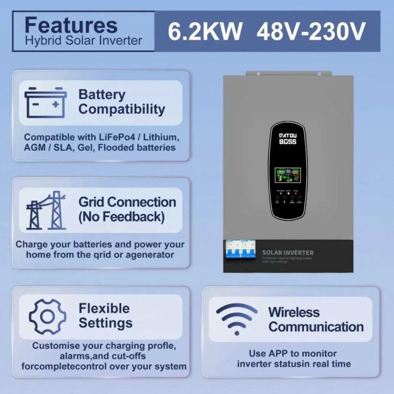 Гібридний інвертор DATOUBOSS 6200 Вт 48 В, BMS, з MPPT 120А Сонячний — фото 4