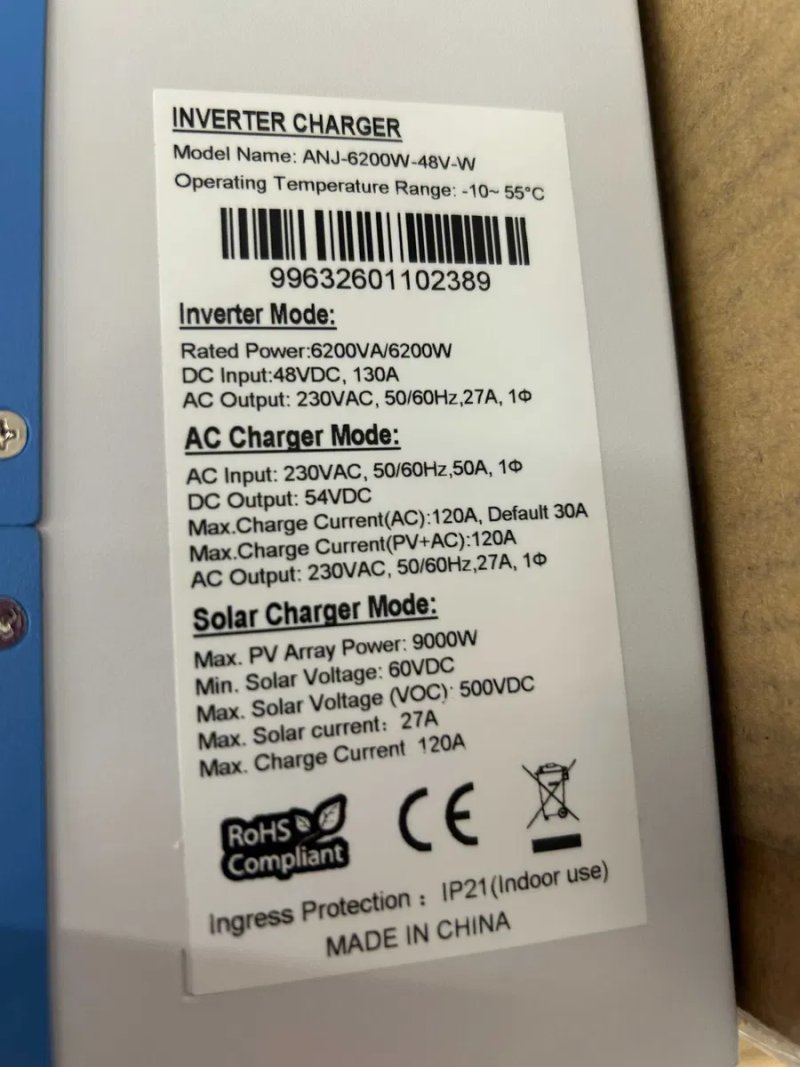Гібридний сонячний інвертор ANENJI 6.2kW ANJ-6200W-48V-W, Wi-Fi, Подвійний вихід 220v, Оновлена модель 2026 — фото 3