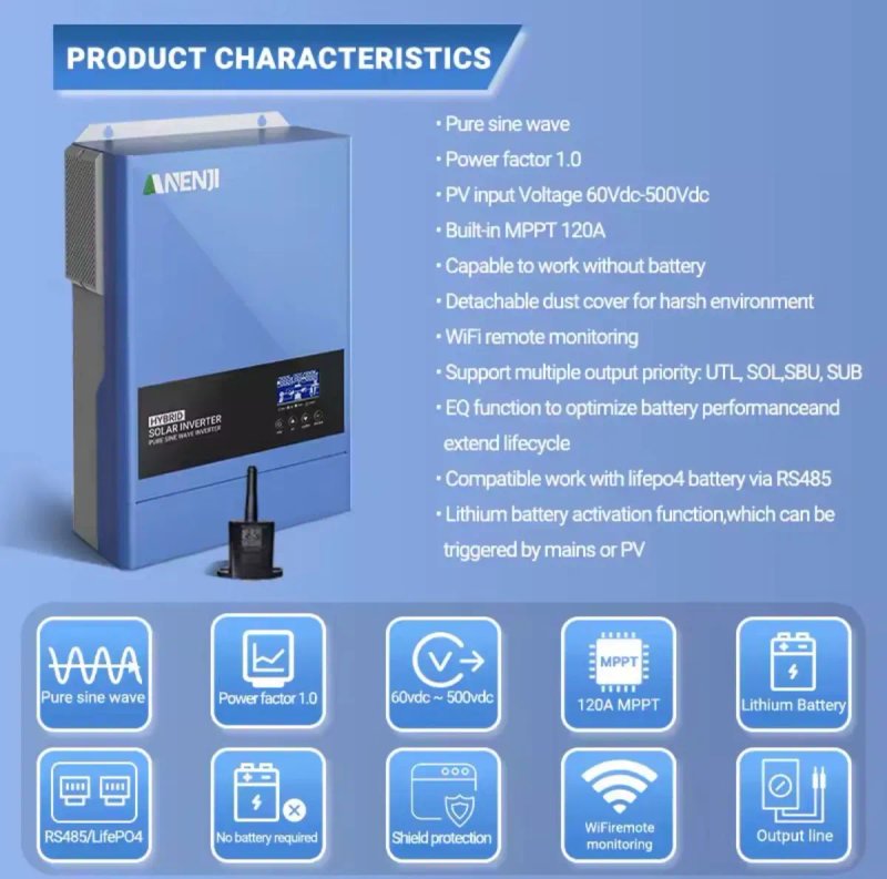 гібридний сонячний інвертор ANENJI ANJ‑6200W‑48V‑WIFI — фото 4