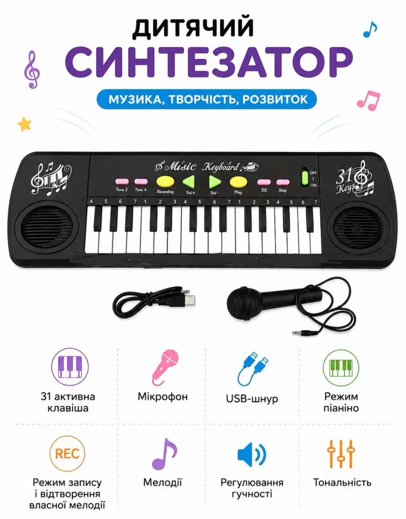 Іграшковий дитячий синтезатор 3120B іграшкове дитяче піаніно з мікрофоном від мережі USB кабель і від батарейок детский синтезатор детское пианино — фото 2