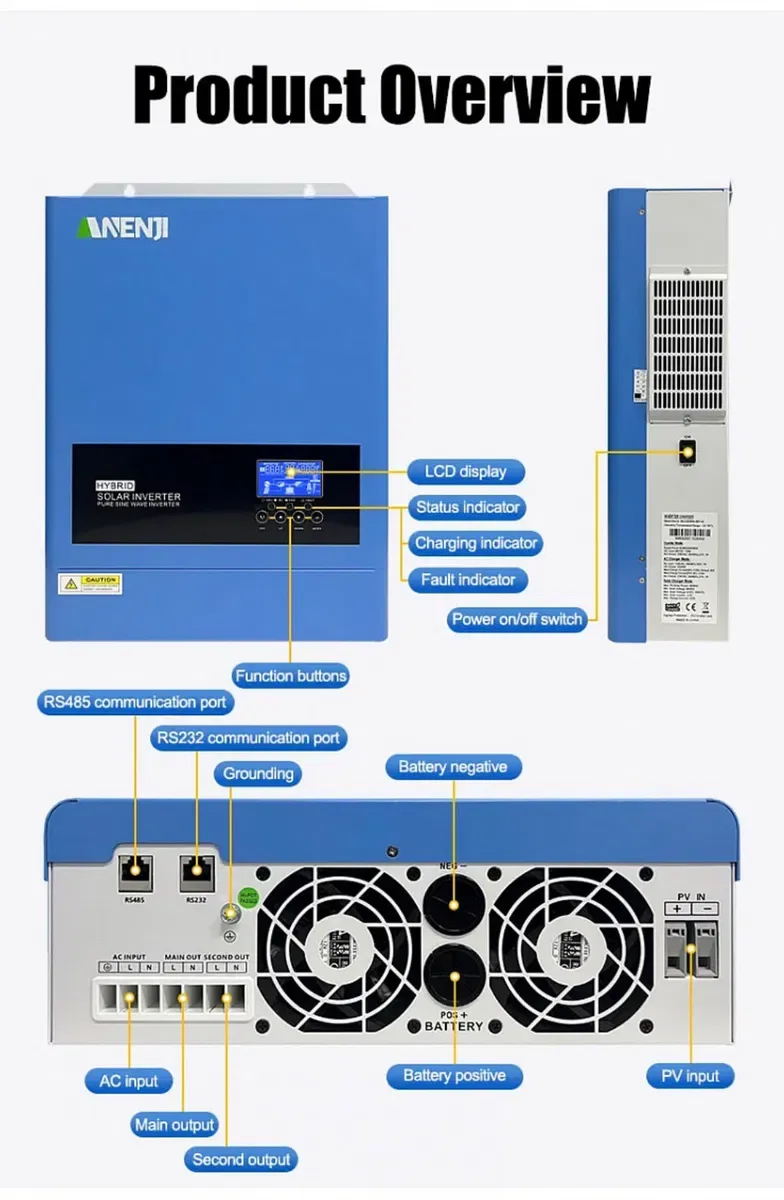 Інвертор ANENJI 6.2KW 48V
ANJ-HHS-11000W-48V Гібридний сонячний інвертор/ 
Гибридный солнечный инвертор — фото 2