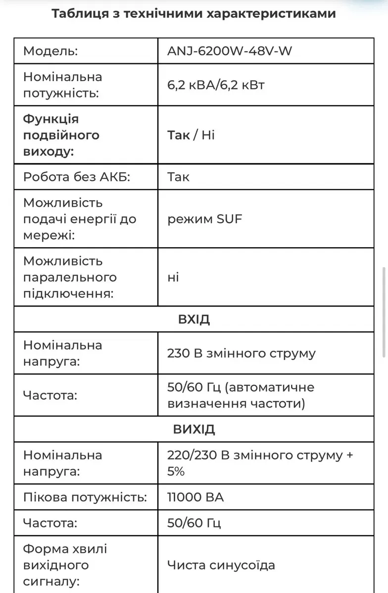 Інвертор ANENJI 6.2KW 48V
ANJ-HHS-11000W-48V Гібридний сонячний інвертор/ 
Гибридный солнечный инвертор — фото 3
