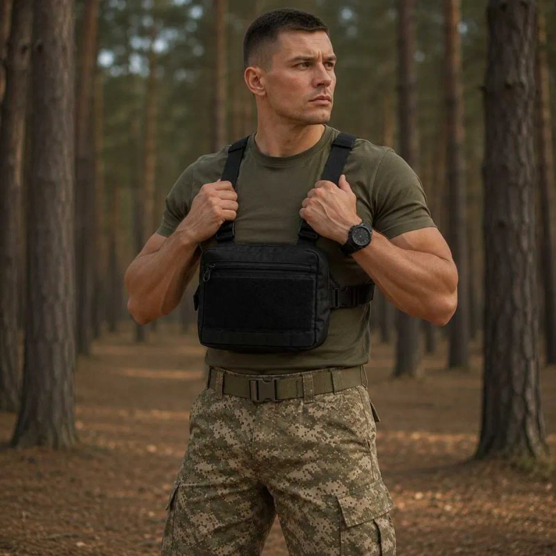 Качественная нагрудная сумка с патч панелью. Cordura 1000 D. Цвет: черный. — фото 2