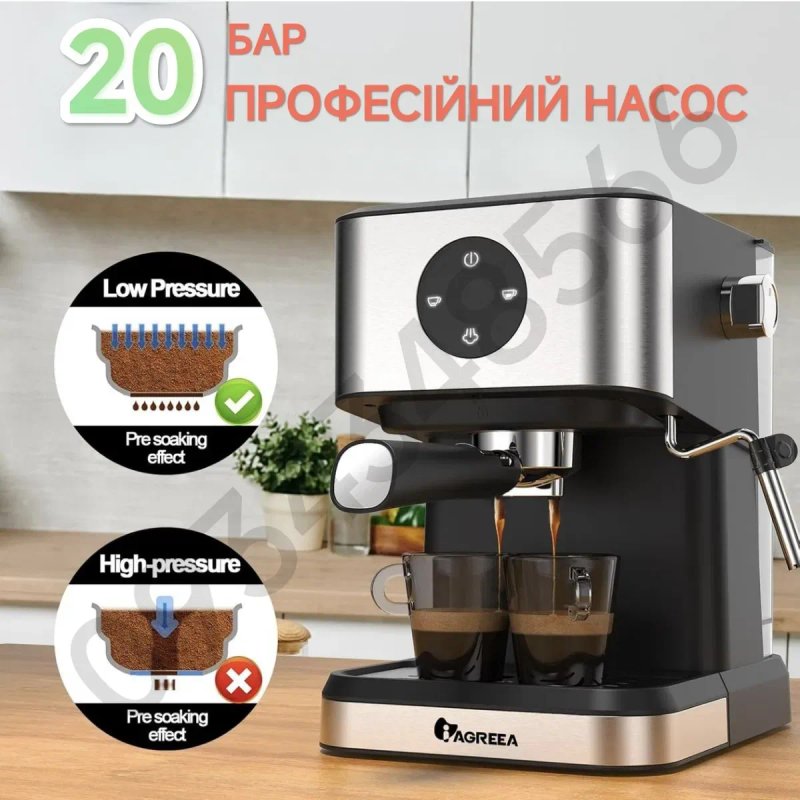 Кавоварка еспресомашина рожкова з капучінатором IAGREEA 3050 20 Бар 1050 Вт Кавомашина — фото 4