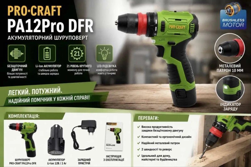 Хіт! Продається Procraft PA12Pro 12V — БЕЗЩІТКОВИЙ шуруповерт 22 Нм — фото 2