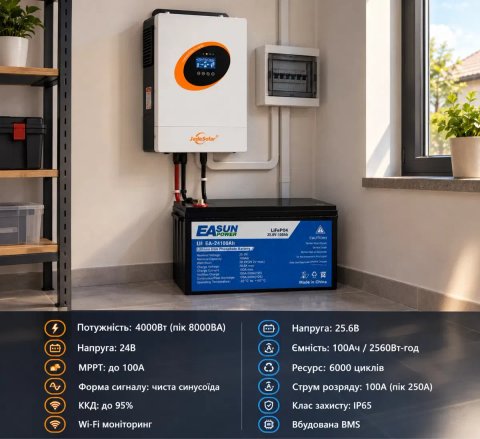 Комплект безперебійного живлення інвертор Jsdsolar 4 кВт акамулятор EASUN LiFePO4 24В 100Ач.