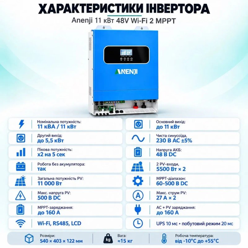 Комплект гібридний сонячний інвертор Anenji 11 кВт 48 В Wi-Fi 2 MPPT + Акумулятор літій залізо фосфатний 10 кВт Dipower з дисплеєм класу А АКБ з BMS — фото 3