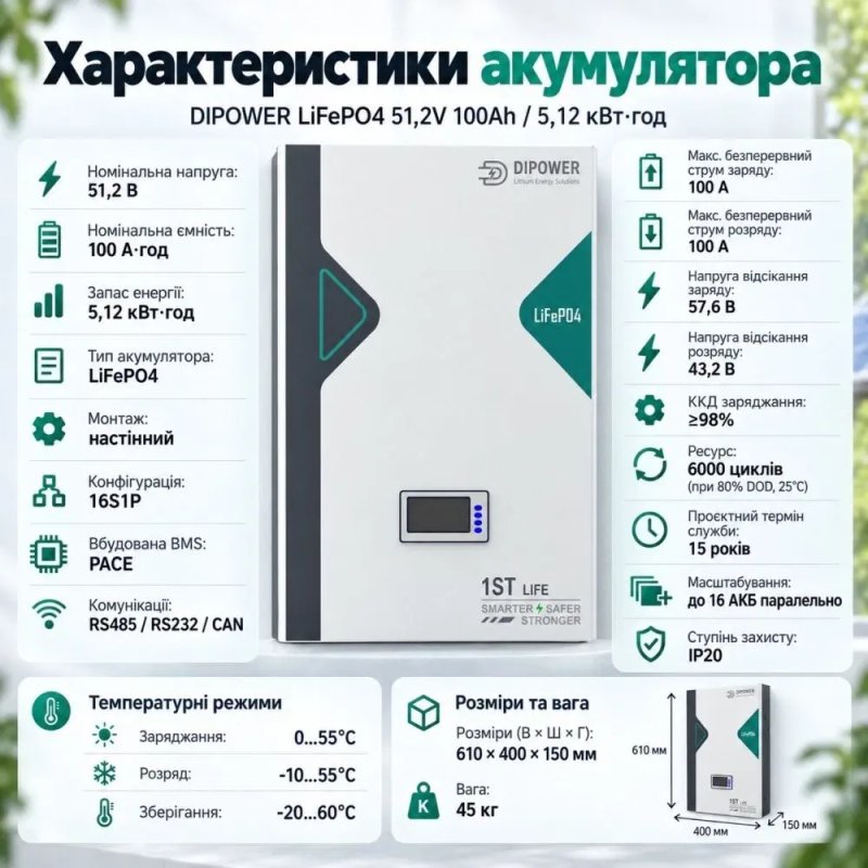 Комплект гібридний сонячний інвертор Anenji 11 кВт 48 В Wi-Fi 2 MPPT + Акумулятор літій залізо фосфатний 10 кВт Dipower з дисплеєм класу А АКБ з BMS — фото 8