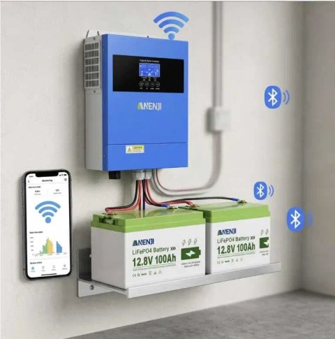 Комплект резервного питания Anenji 4,2 кВт + 2 LiFePO4 100Ah, гибридный инвертор Wi-Fi, АКБ Bluetooth УСТАНОВКА