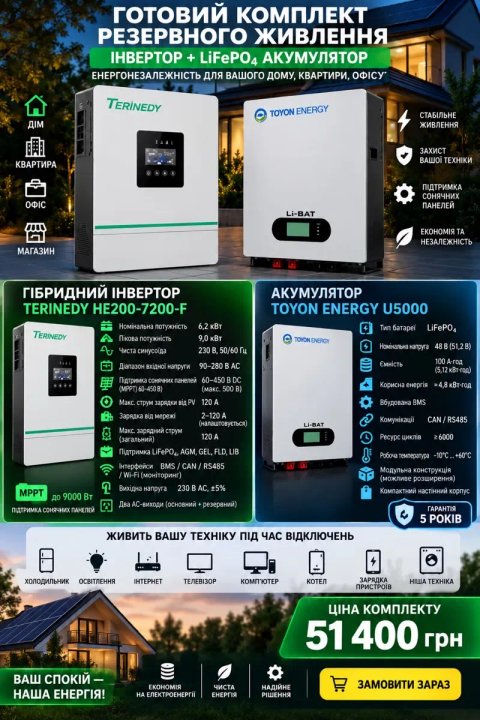 Комплект резервного живлення 6,2 кВт Terinedy + LiFePO4 48V 100Ah