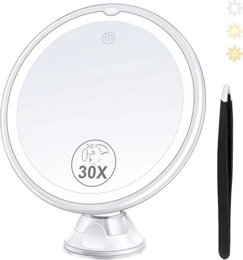 Косметическое зеркало Auxmir 30X с LED-подсветкой, 3 режимами света, поворот 360°, присоска, диаметр 20 см + пинцет