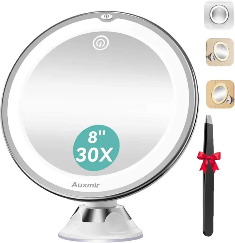 Косметическое зеркало Auxmir 30X с LED-подсветкой, 3 режимами света, поворот 360°, присоска, диаметр 20 см + пинцет — фото 4