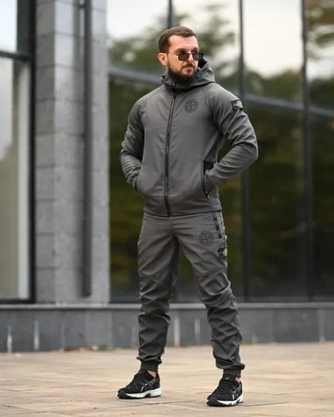 Костюм куртка + штани Stone island SOFTSHELL grot grey / ПІЗНЯ ОСІНЬ - ЗИМА теплий костюм софтшел графіт / темно сірий чоловічий спортивний костюм