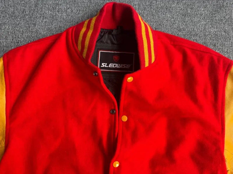 Куртка Letterman Varsity з червоної вовни та справжньої золотої шкіри — фото 2