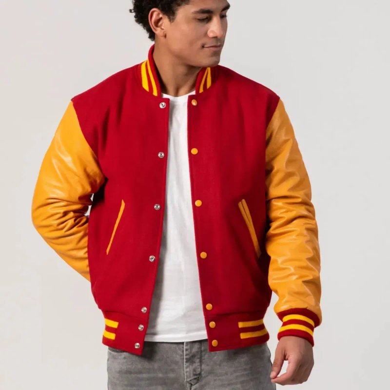 Куртка Letterman Varsity з червоної вовни та справжньої золотої шкіри — фото 3