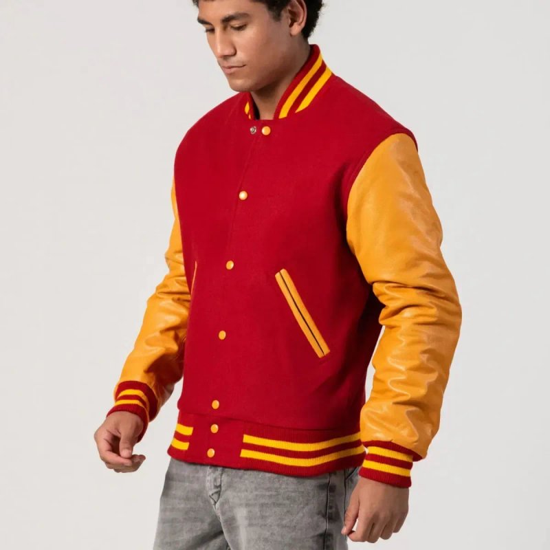 Куртка Letterman Varsity з червоної вовни та справжньої золотої шкіри — фото 4