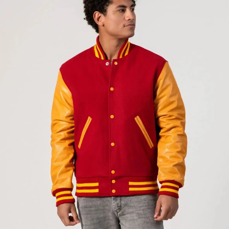 Куртка Letterman Varsity з червоної вовни та справжньої золотої шкіри — фото 6