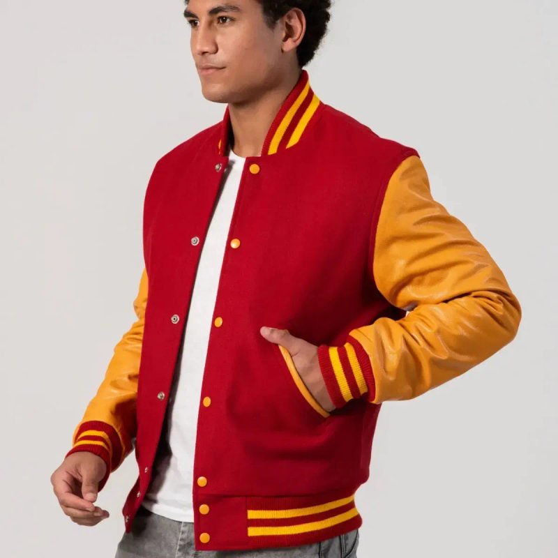 Куртка Letterman Varsity з червоної вовни та справжньої золотої шкіри — фото 7