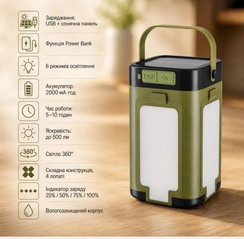 Ліхтар кемпінговий акумуляторний із сонячною панеллю та Power Bank — фото 2